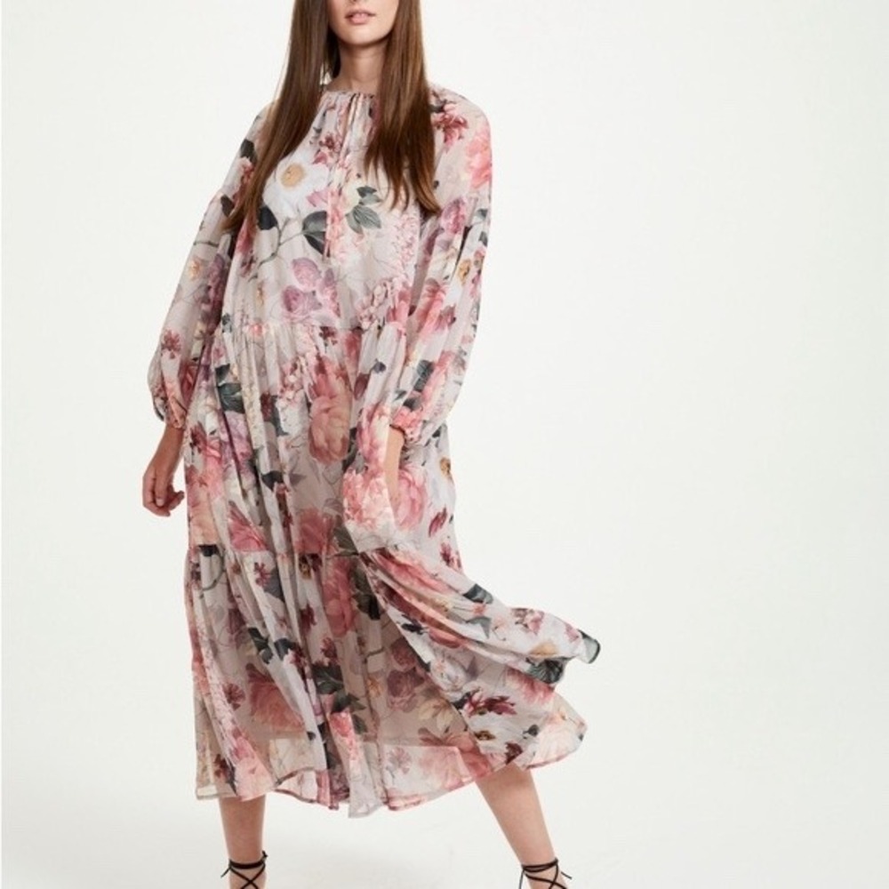 H&M Conscious Midi Dress Pink Floral Chiffon Size 2XL Whimsical Fairycore Dreamy